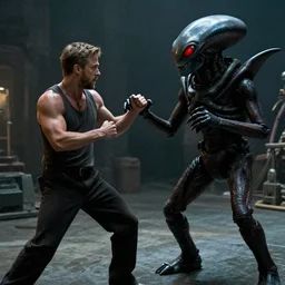 full scene, ryan gosling in a fight with ant aliens, still from horror movie, movie shot, extremly high quality, uhd, 4 k, cinematic lighting