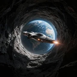 an extraterrestrial spaceship exiting the end of the worm hole with planet earth in sight, in the style of prometheus, epic scene, extremely detailed masterpiece, extremely moody lighting, glowing light and shadow, atmospheric, shadowy, cinematic, god lighting