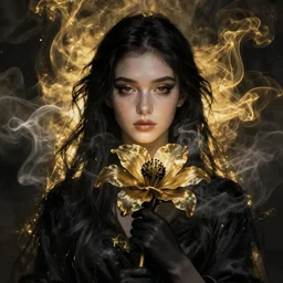flower priestess portrait, black gold smoke, artgerm, wlop, artstation
