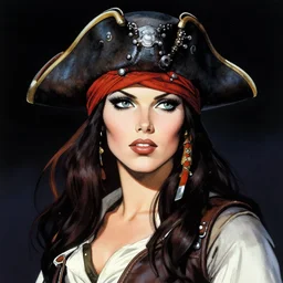 portrait of female space pirate, night sky background, beautiful! coherent! by brom, by frank frazetta, deep color, strong line, high contrast