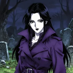 full portrait of beautiful necromancer woman in the graveyard, face details, purple trench coat, pale skin, black eyes, high fantasy, dnd, highly detailed, sharp focus, smooth, manga illustration, by kurone mishima!!