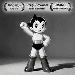 wide angle portrait of Astroboy with a charming smile, monochrome color, heroic pose, mid-shot, shadowy area, studio lighting, award winning, artstation, concept art, digital painting, Unreal Engine 5, 8K, art by artgerm and greg rutkowski and alphonse mucha