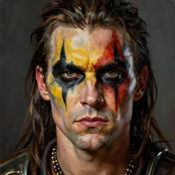 portrait of charlie day as warlord villain character ( with facepaint ) in mad max 2 : the road warrior, film still, detailed realism face in painting, detailed beautiful portrait, oil painting masterpiece, 8 k resolution, smooth, sharp focus, trending on artstation, by rembrandt