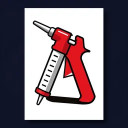 graphic design of caulking gun poster limited colors, black white and red, dark navy background, isometric style inspired by fascism