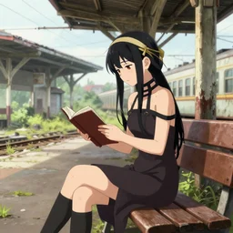 a beautiful girl, yor, sitting on a bench reading at an abandoned overgrown train station, old train station, establishing shot, wlop, art by rossdraws, art by ross tran, pixiv, anime film still, anime key art, 4 k hd anime wallpaper, paper texture