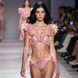 olivia wearing an outfit made from fireworks, runway model at new york fashion week, sporty physique, black hair, freckles, pale skin, photo by greg rutkowski, stage lighting, soft colors, female beauty, intricate detail, elegance, 3 5 mm, depth of field, masterpiece