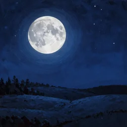 a beautiful landscape at night, big moon and stars in the sky, matte painting, very dark blue tones, concept art, 4k