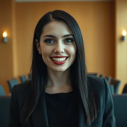 a portrait photograph of a smug woman executive with vampire fangs in a board room, black hair, dof, sharp focus, pale, highly detailed face, symmetric face, 4 k, cinestill 8 0 0 t, exif, raw, photography by andreas franke