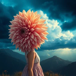 closeup girl with giant dahlia flower as head, standing on mountain, surreal photography, blue storm clouds, dramatic light, impressionist painting, digital painting, artstation, simon stalenhag