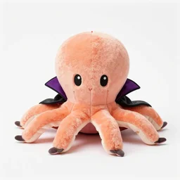 four legged octopus plush, wearing a vampire cloak, while trick or treating on halloween night, with a cartoonish large fangs, by the sanrio company, kawaii, real, photography, halloween decorations, suburbs, sidewalk, houses, pink, yellow, black, ground level shot, macro camera, focused, night, colorful led lights, chromatic aberration, vampire