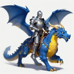 an illustration of a knight in a heavy blue and yellow armor riding a dragon, digital art, fantasy art