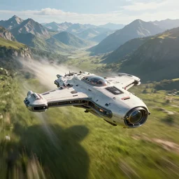 Futuristic spaceship flying on supersonic speed above grassy valley with gorgeous mountain range in the background, overhead view, cinematic, dramatic volumetric lighting, epic composition, 8K Ultra HD, high detail, Octane render