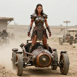 movie frame with female warrior standing on steam punk buggy with wood wheels, clean symmetrical face, chase scene, hyperrealism, armor inspired by incas and doom and fashion, epic, award winning, establishing shot, fit body, blooded, extremely high detail, photorealistic, brutal, octane render, editorial, documentary photography