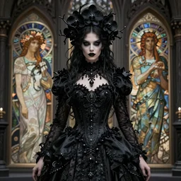a stunning gothic faerie warrior by tom bagshaw, alphonse mucha, donata giancola, jeremy lipking, wearing an ornate black dress, jeweled necklace, horror, black magic, black orchids, gothic, dark academia, atmosphere, realism, octane render, dof, hyperdetailed, 8 k,