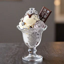 an ice cream sundae made out of diamonds and chocolate, elegant and ornate,