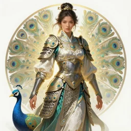a female warrior in peacock armor, light effect, feminine, powerful, in clothes! intricate, elegant, highly detailed, digital painting, artstation, concept art, smooth, sharp focus, illustration, art by gaston bussiere and alphonse mucha,