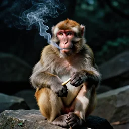 photography of a stoned monkey smoking a joint, smoke, cinestill 800t,