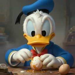 realistic photography of a disgusted donald duck eating dirty eggs, deep focus, intricate, elegant, highly detailed, foggy, misterious, digital painting, artstation, concept art, matte, sharp focus, illustration, art by artgerm and greg rutkowski and alphonse mucha