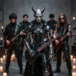 cyberpunk black metal band, guitarists, bassist, drummer, vocalist, all black cyberpunk clothes, robotic prosthetic limbs, dermal implants, detailed faces, cyborg satan, futuristic, realistic, promo photograph, epk, in a room full of candles, high quality, highly detailed