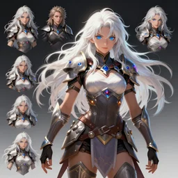 highly detailed, digital art, pixiv fanbox, trending on artstation, ray tracing, volumetric lighting, sharp focus, hq, overwatch style dps female character, long messy wild white hair and blue eyes, barbarian armor, character concept design sheet, turnaround sheet, arcane, by artgerm, wlop, greg rutkowski, miyazaki hayao