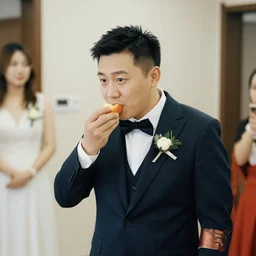 photo of a man at his wedding day eating fruit