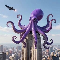 massive purple octopus climbing the empire state building, fighting off jets, photorealistic