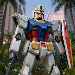 gundam rx-78-2 posing in Kalakaua Avenue in Waikiki, lush garden, sigma mecha robot, portrait art by alphonse mucha and greg rutkowski, highly detailed, digital painting, concept art, illustration, dim lighting with twilight rays of sunlight, trending on artstation, very detailed, smooth, sharp focus, octane render, close up
