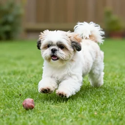 a shihtzu dog chasing a meatball in a yard outside