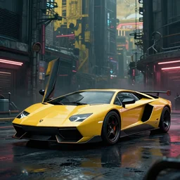 cyberpunk car lamborgini counatch on the background of drak dirty style cyberpunk city. by nicholas hiatt. extreamly detailed, 8 k, octane render, hyperrealism, perfect composition, artstation, rendered in rtx, ssao, fxaa, unreal engine