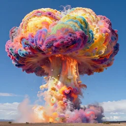 A giant, colorful, psychedelic mushroom cloud is billowing in the sky, engulfing everything in its path. The bright colors are mesmerizing and the explosion is so large it's almost overwhelming.