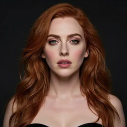 symmetry!! christina hendricks!!! full frontal body photography of christina, blushing, perfect facial symmetry, dim volumetric cinematic lighting, 8 k, post - processing, extremely hyper - detailed, intricate, epic composition, masterpiece, stunning,