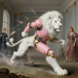 a surrealist interior mental landscape of a white anthropomorphic lion by hieronymus bosch, cyril rolando, esher and natalie shau, whimsical, cyborg armor pink and gold, launching an attack!!, running to the camera!!, profound, impossible. trending on devaintart.