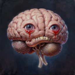 levitating brain, bleeding eyes, fractal, dnd, fantasy oil, painting, unreal 5, daz, rpg, extremely detailed, artgerm, tooth