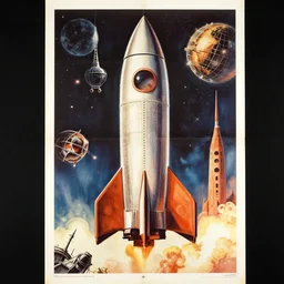 detailed 1950s style space rocket poster for a 1950s science fiction movie