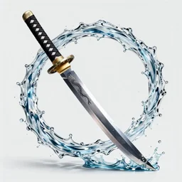 Full Katana with Water Blade made only out of flowing and only Water, artstyle from Rzky Dar, the blade is made out of steel with a dragon sigil, a water stream goes like spiral around the blade, white background, raytracing,