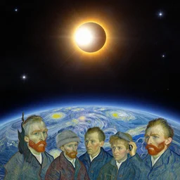 stars, solar eclipse, looming over the earth, hdr, hq, painting by gustave dore and vincent van gogh and claude monet and thomas kinkade and kuniyoshi utagawa, aizome, masterpiece