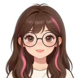 cute enby with long brown hair, pink streaks, androgynous boy girl, head and shoulders shot, round glasses, artstation, highly detailed portrait, beautiful digital painting, discord avatar, white background