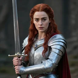 emilia clarke, as a medieval fantasy character, with dark red hair, wearing light armor and red clothing, holding a longsword, determined expression, noble, cinematic, dark, realistic, digital art, 8 k