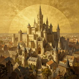 A beautiful painting of a large medieval city, cinematic composition, concept art, golden ratio, matte painting, Marc Simonetti, Sergey Vasnev, Anato Finnstark, artstation, 8k, high resolution
