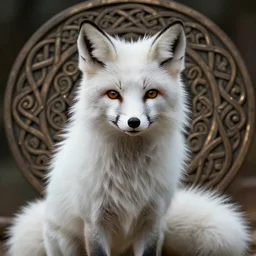 a white fox with long hairs, a swirling celtic sculpture in the background, art by James Jean and Wayne Barlowe, high detail, cinematic, cgsociety 8k