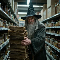 gandalf wearing a wizard hat, stacking supermarket shelves craig mullins, cinematic lighting, gloomy