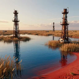 an abandoned industrial zone flooded, metal towers emerging from clear pond waters, reeds, concept art, octane render, unreal engine 4, trending on artstation, high quality, highly detailed, 8 k hdr, red sea, blue sand, high coherence, path traced, serene landscape, breathtaking landscape, cinematic lighting, hyperrealistic, golden hour