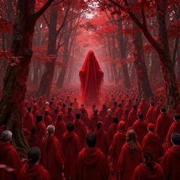 crimson forest with a red ghost in it that is being parsed by a large crowd of people in red robes, surreal, sharp focus, digital art, epic composition, concept art, dynamic lighting, intricate, highly detailed, 8 k, unreal engine, blender render