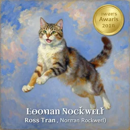 An impressionist painting of a jumping cat under the sky, by (Ross Tran, Norman Rockwell, Leonardo da Vinci). This impressionist painting won awards, beautiful clouds, whole cat body, strong facial features, Trending on Artstation