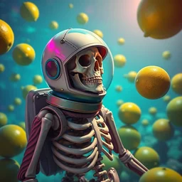 a digital painting of a skeleton in an astronaut!!!!!! suit with a broken helmet floating in a bright colorful alien ocean surrounded by limes!!!, sharp focus, retro futuristic by todd schorr