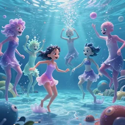 cinematic wideangle of a bunch of fluid people dancing fighting underwater at a waterpark, pixar illumination studios animated movie by john lasseter, extremely joyful and eerie smiles, slimy fluid liquid blobs