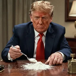 donald trump in pulp fiction, heroin scene, spoon and powder, cinestill 8 0 0 t, 1 9 8 0 s movie still, film grain