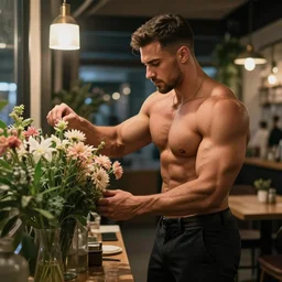 photo of super muscular man picking flowers in a cafe at night,