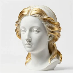 full head and shoulders, beautiful female porcelain sculpture by daniel arsham and james jean, smooth skin, all white features on a white clean background, delicate facial features, white eyes, white lashes, detailed white, lots of real massive gold hair on the head