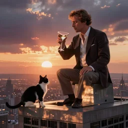bret easton ellis and the devil drinking martinis on top of a skyscraper at sunset with a black and white cat